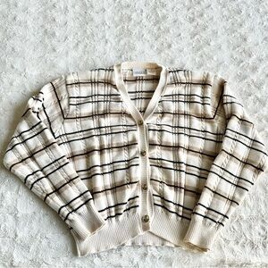 Vintage Liz Golf Cardigan Sweater Womens Medium Ivory Button Preppy Striped 90s